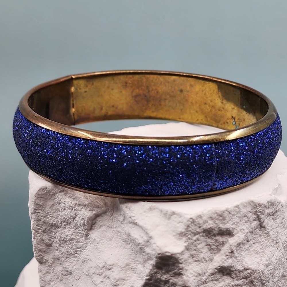 Blue Glitter Brass Tone Wide Bangle Bracelet Chunky Statement Glam Cuff Jewelry